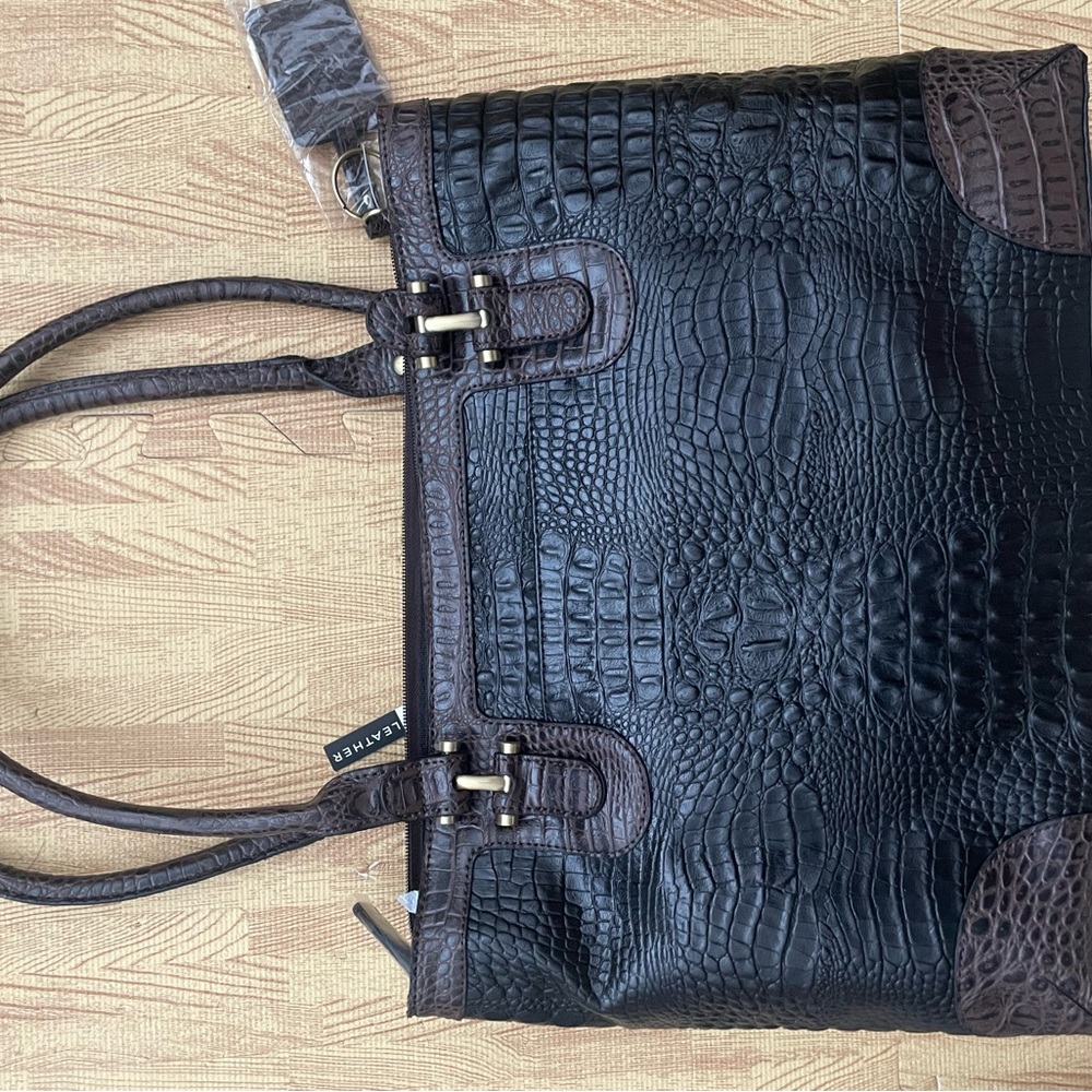 Etienne Aigner Leather Croc Embossed Tote - Brown/ black - Picture 2 of 3